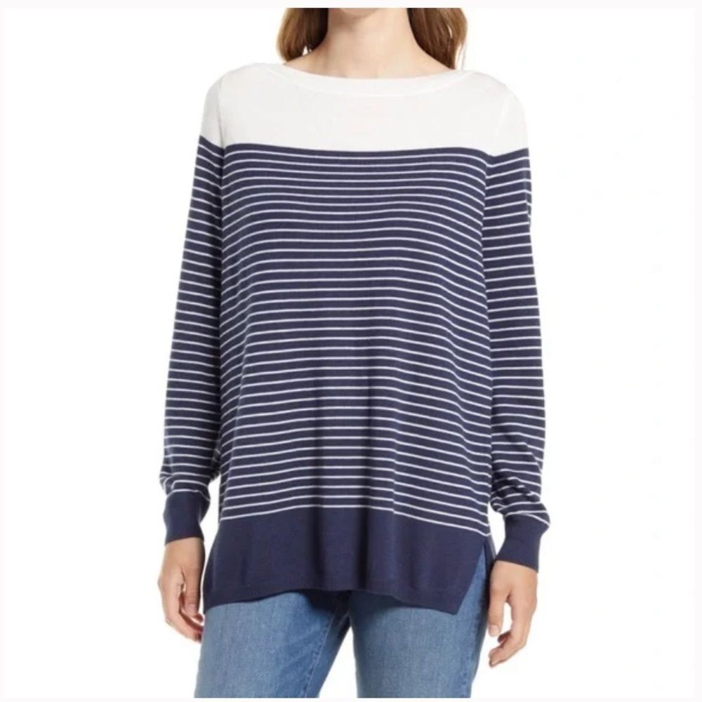 Caslon Navy Cream Colorblock Stripe Pullover Sweater Size L NWOT